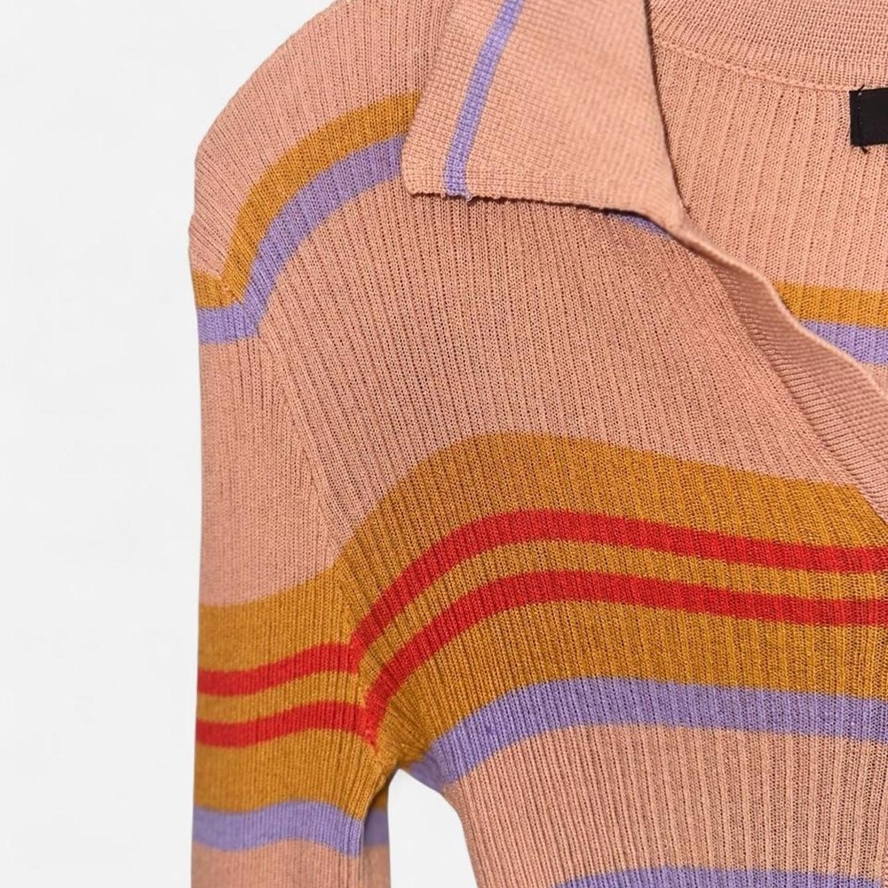 Lulus Striped Ribbed Knit Long Sleeve Henley Bodysuit Pink Orange Large